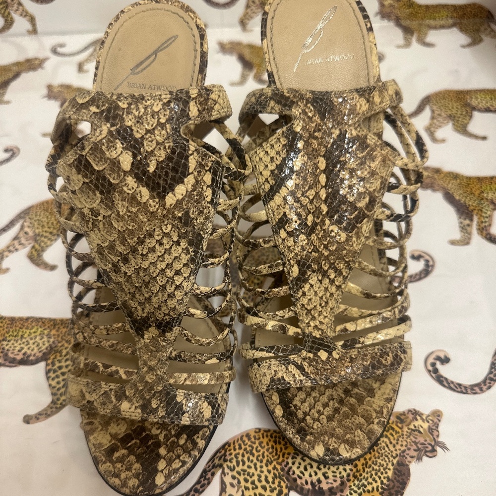 B Brian Atwood snake-embossed leather cage heels - Size 8